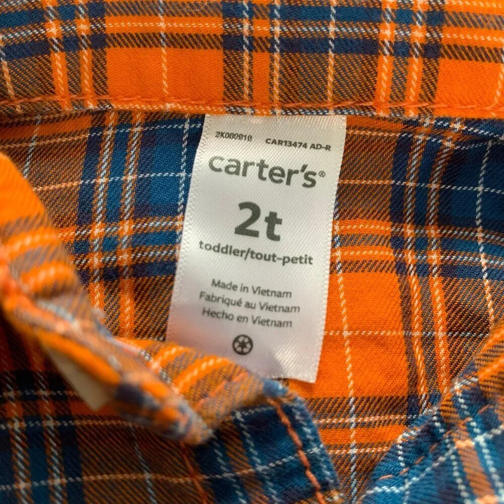 5/$25 Carter's 2T Orange Navy Blue Plaid‎ Flannel Button Down Shirt
